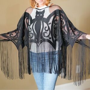 Elegant Black Bat Fringe Poncho